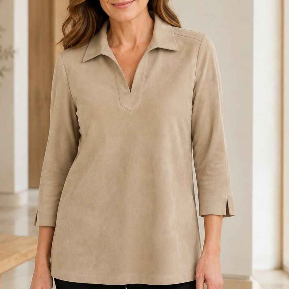J McLaughlin Janis Faux Suede Tunic Top Size Medium Beige V Neck Minimalist